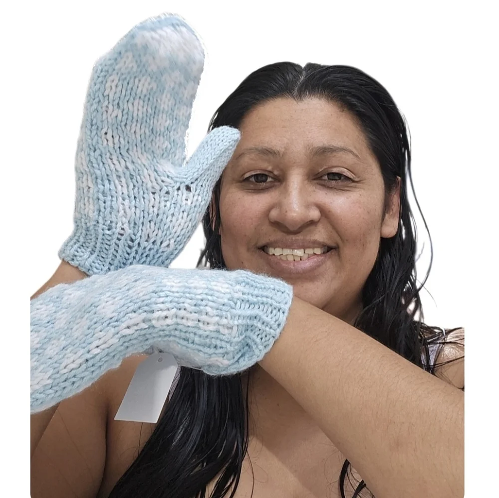 Hand Crafted Crochet Mittens Heart Design Ribbed Trim One-of-a-Kind Blue White